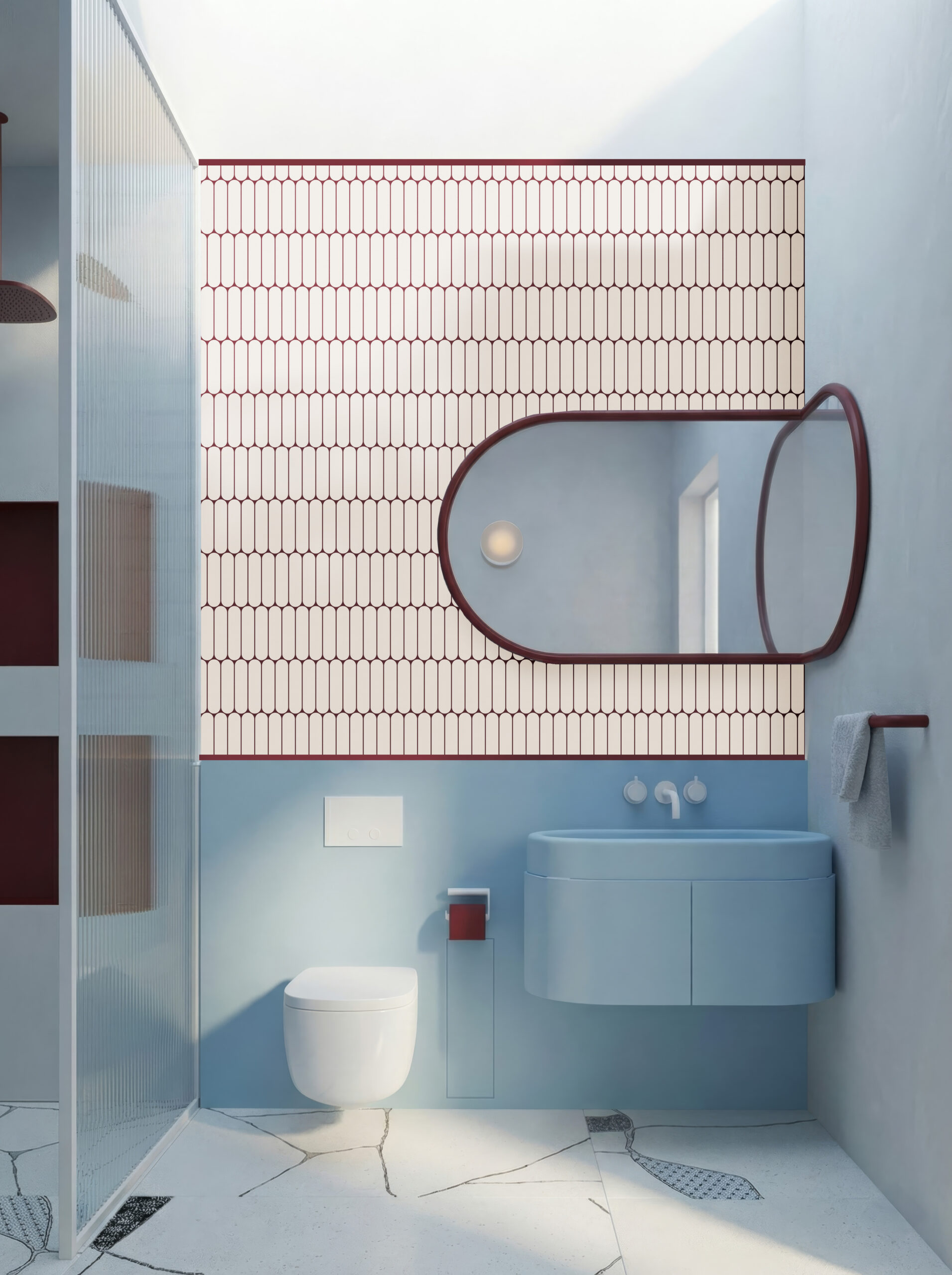 Subtelny wzór na płytkach ściennych w małej łazience