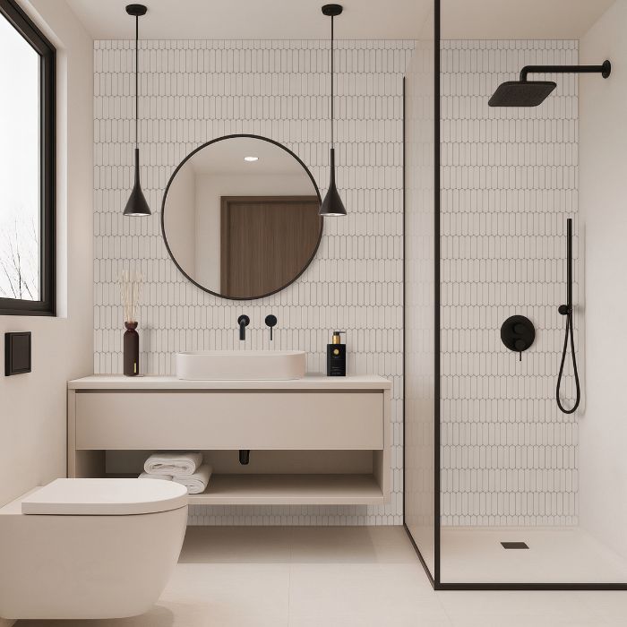 Pionowe ułożenie płytek prostokątnych w małej łazience