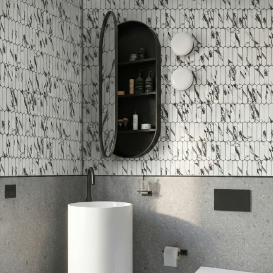łazienka z mozaiką Pills Arabescato Black matt DUNIN