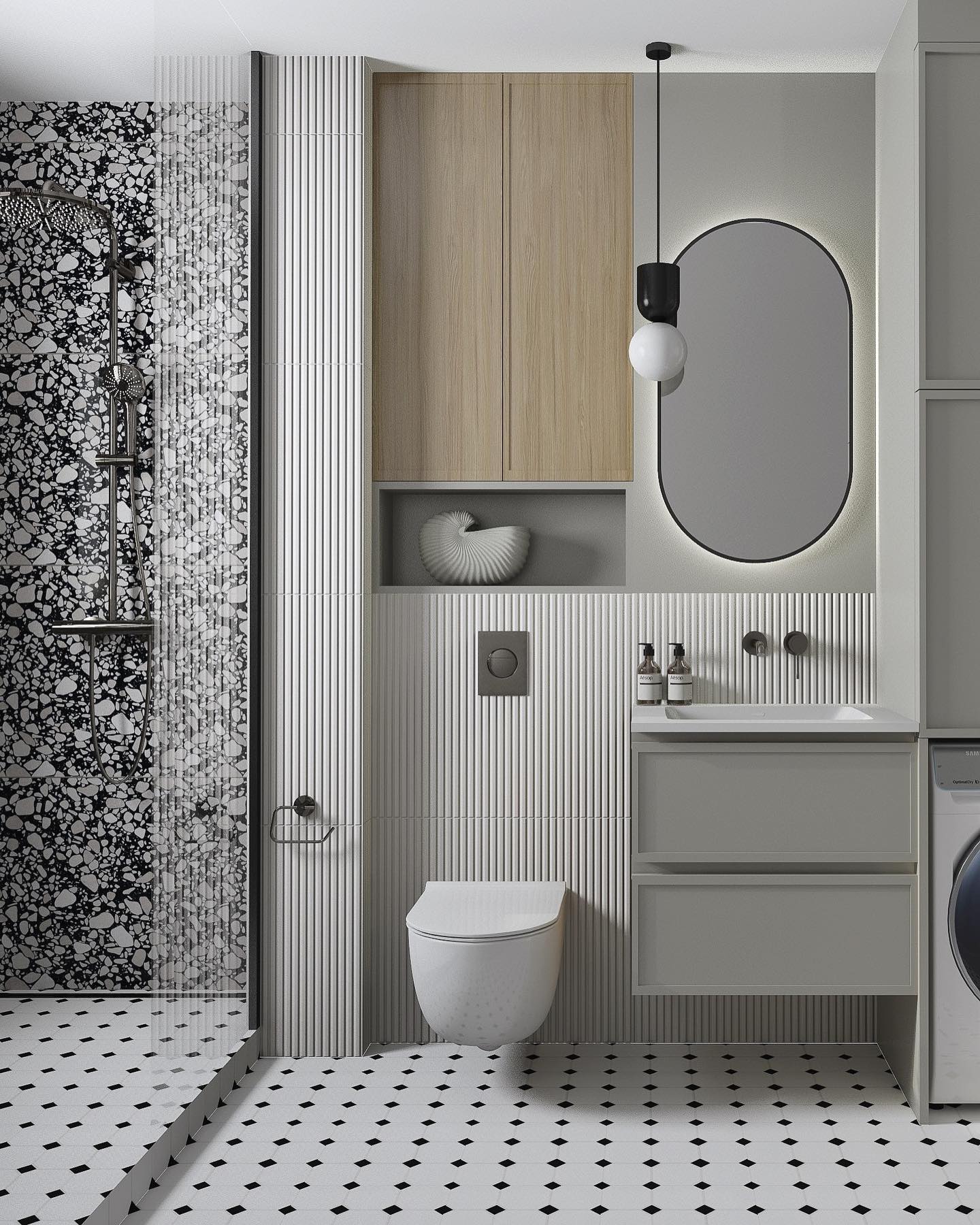 Jednolita powierzchnia płytek podłogowych w malej łazience