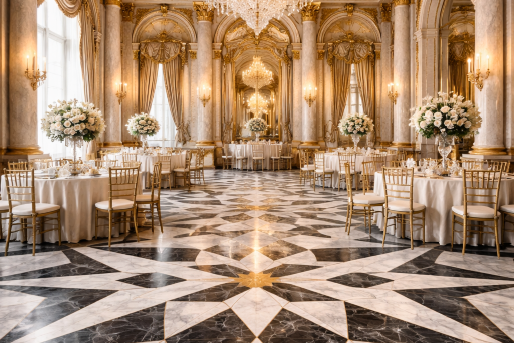 Sala balowa z czarno-białą geometryczną podłogą