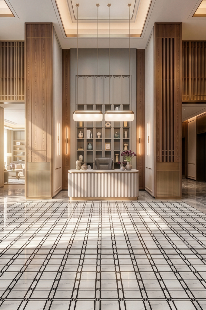 Recepcja hotelowa z czarno-białą podłogą graficzną - jasne kolory i ciepłe, nowoczesne wnętrze
