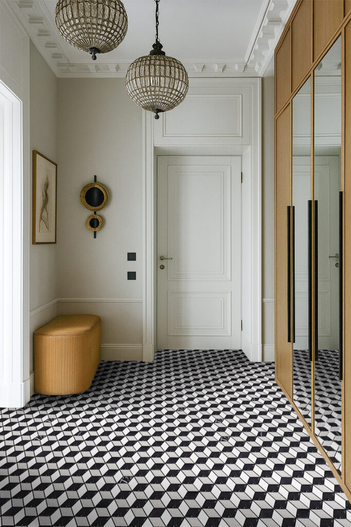 Elegancki hol z geometryczną czarno-białą podłogą 3D, jasną zabudową i lustrzaną szafą.
